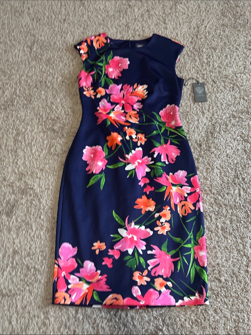 Vince Camuto Navy Blue Floral Sheath Dress with Orange & Pink Blooms